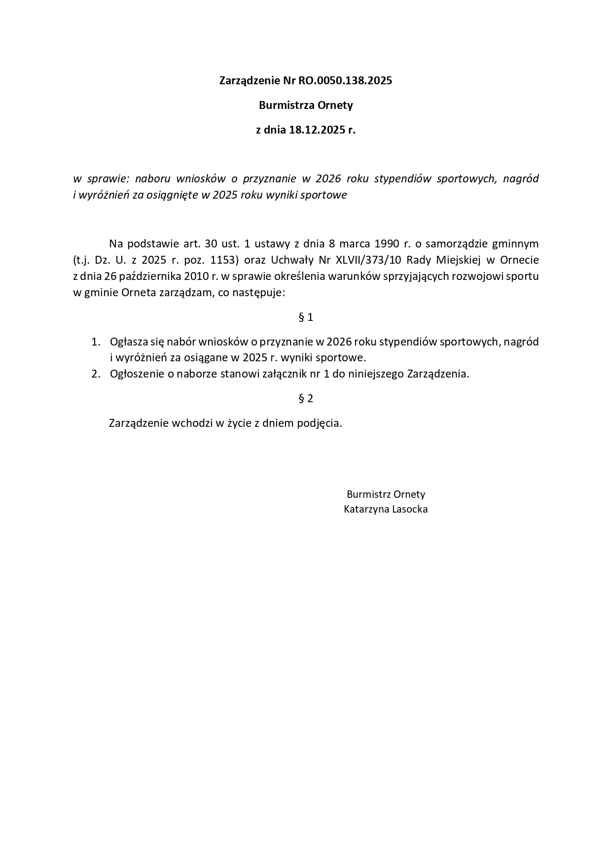 Zarządzenie Burmistrza Ornety w sprawie naboru wniosków o przyznanie w 2026 roku stypendiów sportowych, nagród i wyróżnień za osiągnięte w 2025 roku wyniki sportowe